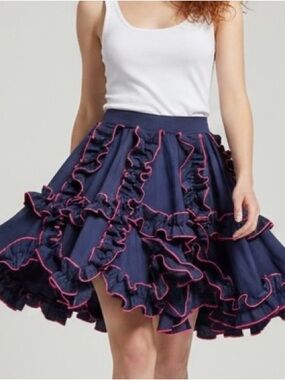 Handmade Blue Pink Trim Ruffled Asymmetrical Hem Full Circle Skirt Size M